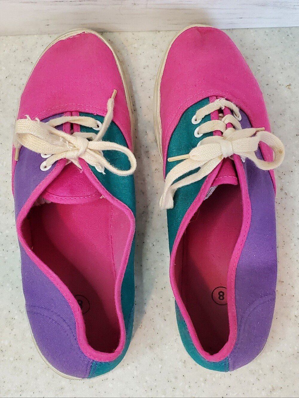 Vintage 90s Womens Size 8 Colorblock Canvas Sneakers Pink Purple Teal Lace Up